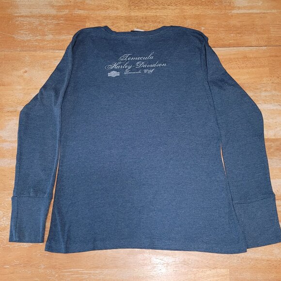 Denim Blue Harley Davidson XL Long Sleeve V-Neck T-Shirt Red Silver Lithograph - Picture 4 of 7